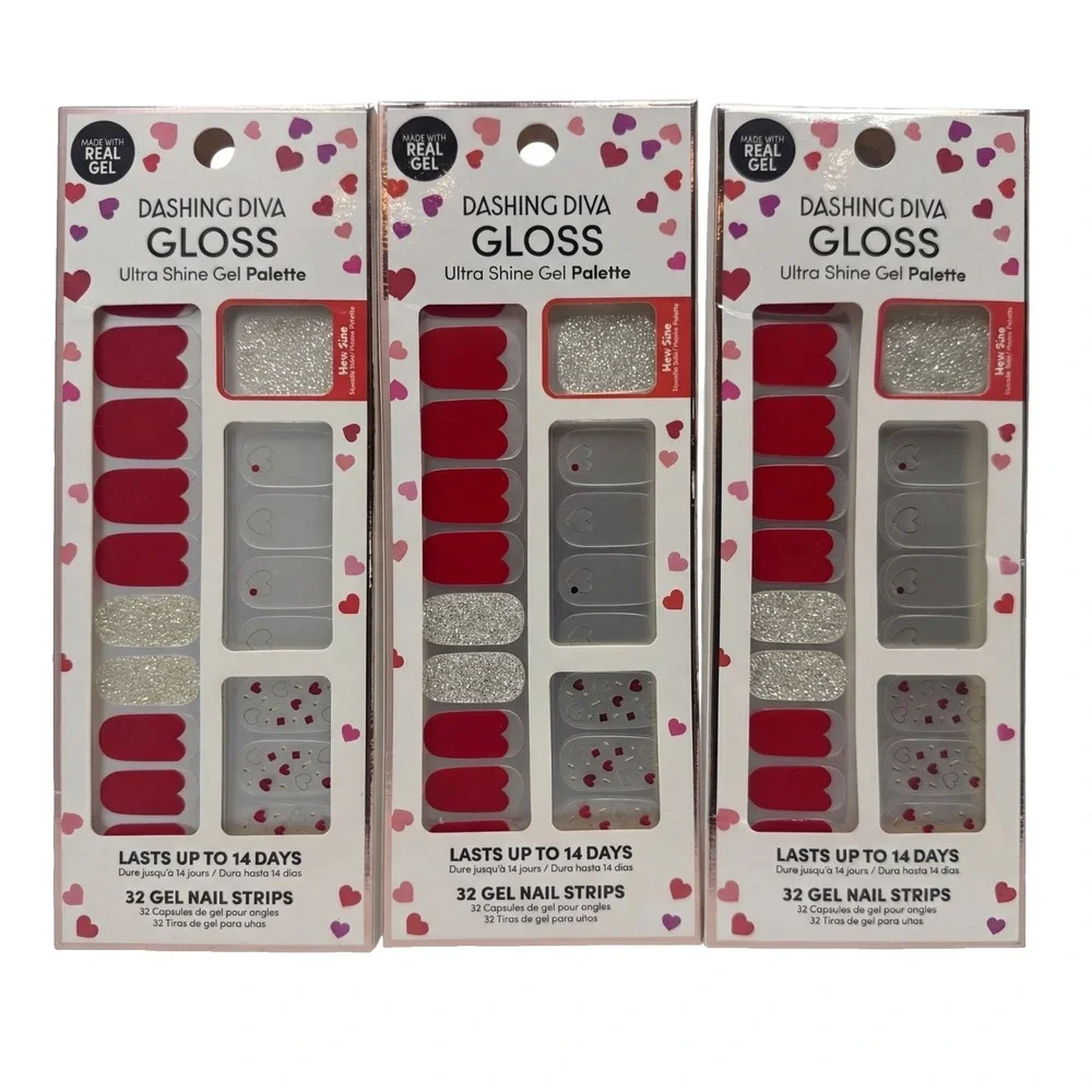 Dashing Diva Gloss Salon Gel Nail Strips 3 Pc Lot Hearts Red Glitter 32 Ct New